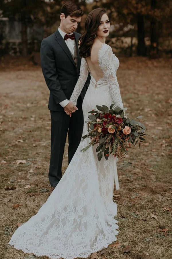 Langarm Vintage Hochzeitskleid Rückenfreies Rustikales Brautkleid