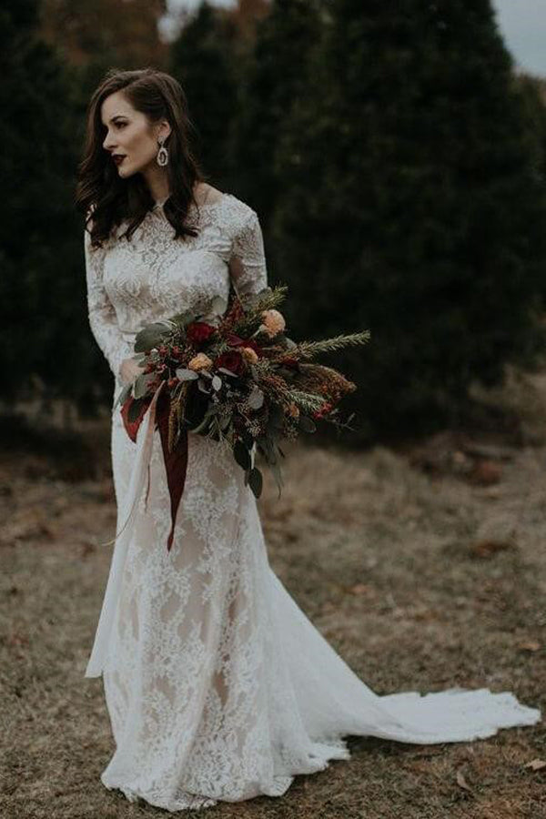 Langarm Vintage Hochzeitskleid Rückenfreies Rustikales Brautkleid