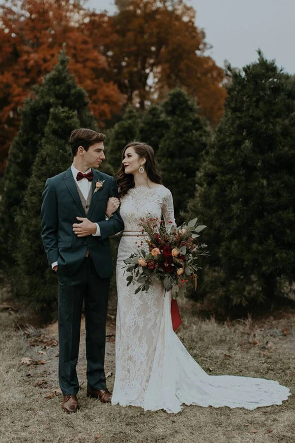 Langarm Vintage Hochzeitskleid Rückenfreies Rustikales Brautkleid
