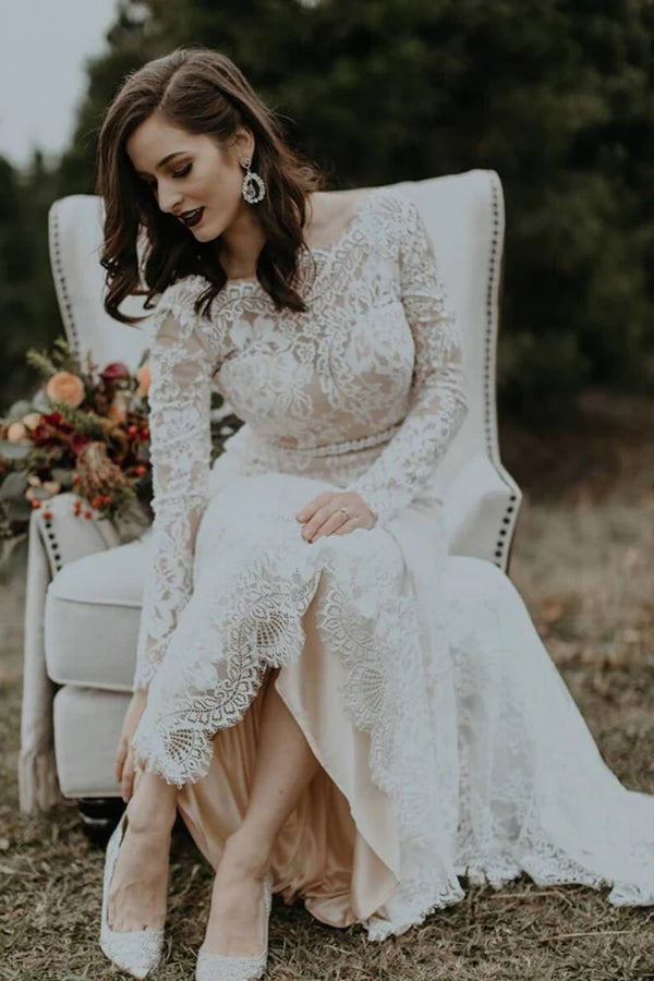 Langarm Vintage Hochzeitskleid Rückenfreies Rustikales Brautkleid