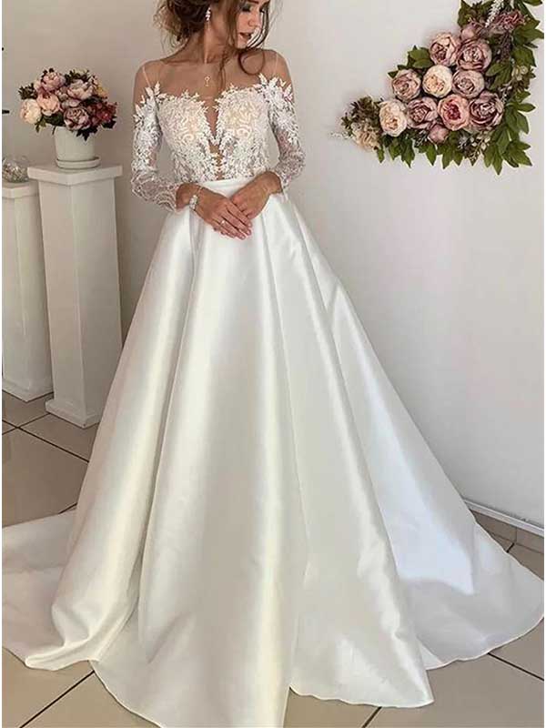 Langes Brautkleid in Elfenbein mit V-Ausschnitt und Spitze in A-Linie, WD0462