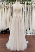 Schöne Spitze Ärmellose Lange Chiffon Strand Brautkleider