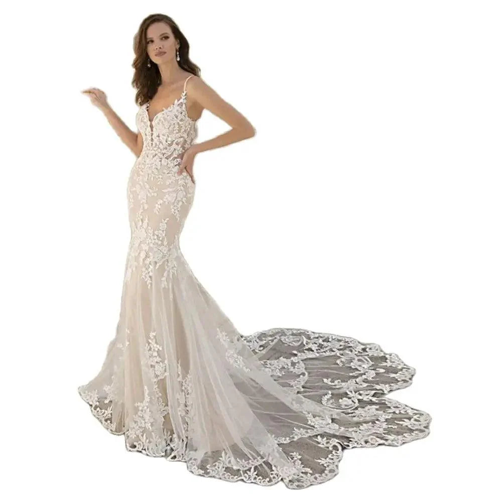 Luxury Mermaid Wedding Dress Lace Appliques V-neck Spaghetti Straps Vestido De Novia 2024 Backless Bridal Gown Sweep Train