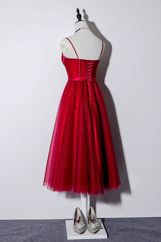 Vintage-Trägerkleid mit Spaghettiträgern und Schnürung in Bordeaux, Teelänge, für Homecoming und Abschlussball