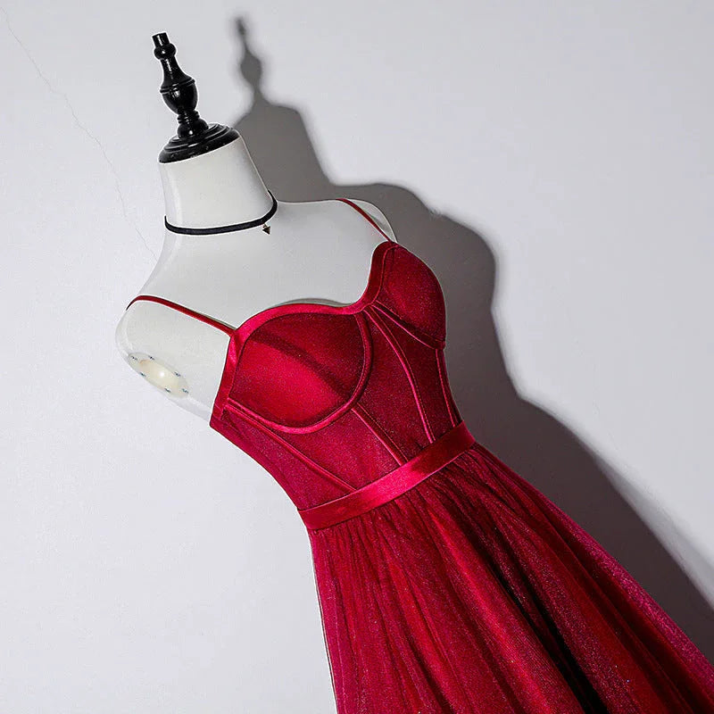 Vintage-Trägerkleid mit Spaghettiträgern und Schnürung in Bordeaux, Teelänge, für Homecoming und Abschlussball