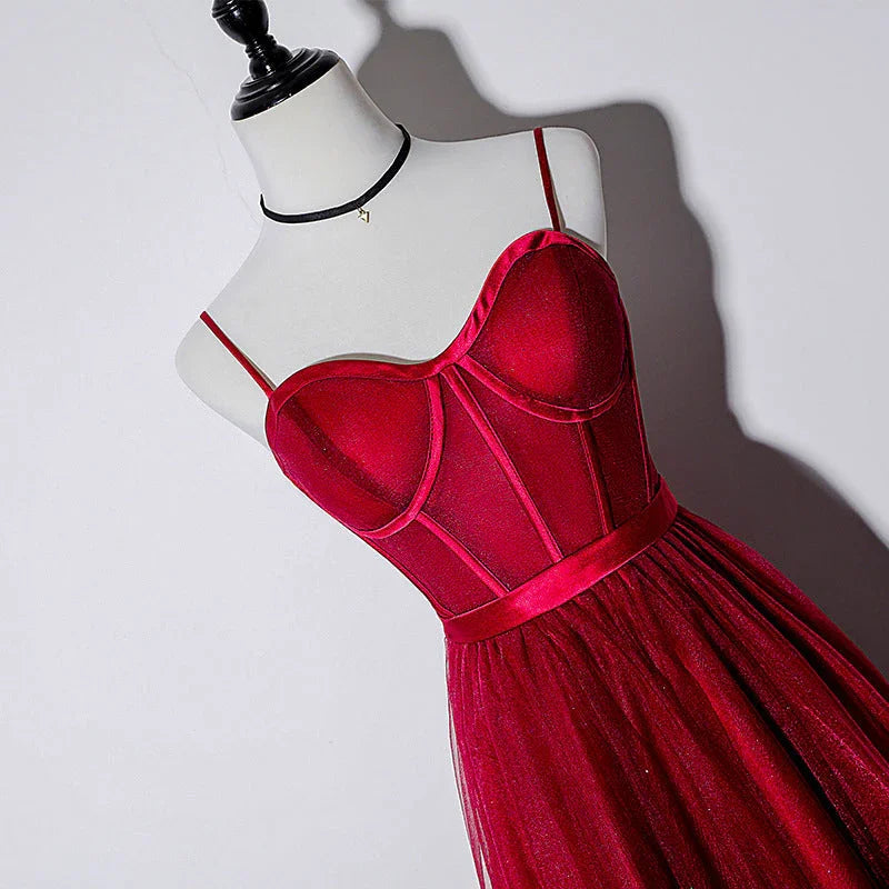 Vintage-Trägerkleid mit Spaghettiträgern und Schnürung in Bordeaux, Teelänge, für Homecoming und Abschlussball