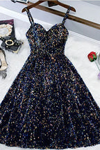 Vestidos de Fiesta Cortos y Ajustados con Tirantes de Espagueti Brillantes, Lindos, Largo Té para el Baile de Graduación
