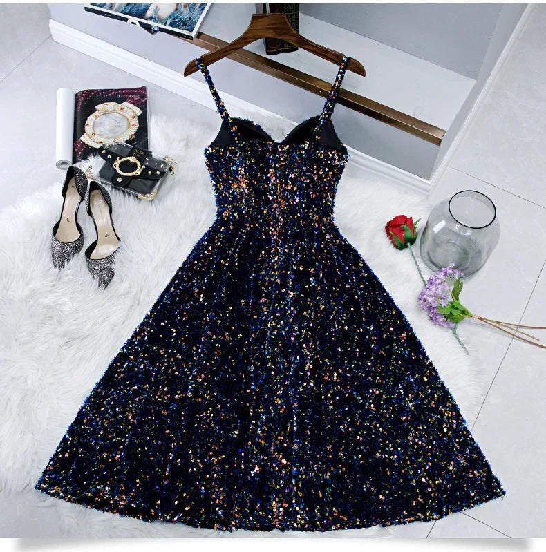 Vestidos de Fiesta Cortos y Ajustados con Tirantes de Espagueti Brillantes, Lindos, Largo Té para el Baile de Graduación