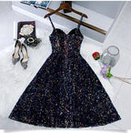 Vestidos de Fiesta Cortos y Ajustados con Tirantes de Espagueti Brillantes, Lindos, Largo Té para el Baile de Graduación