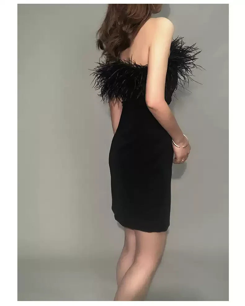 Vestido de Senhora Pluma Decote Ombros de Fora Bandagem Fendas Laterais Festa Cocktail Bodycon Preto Curto Baile de Finalistas Y1356