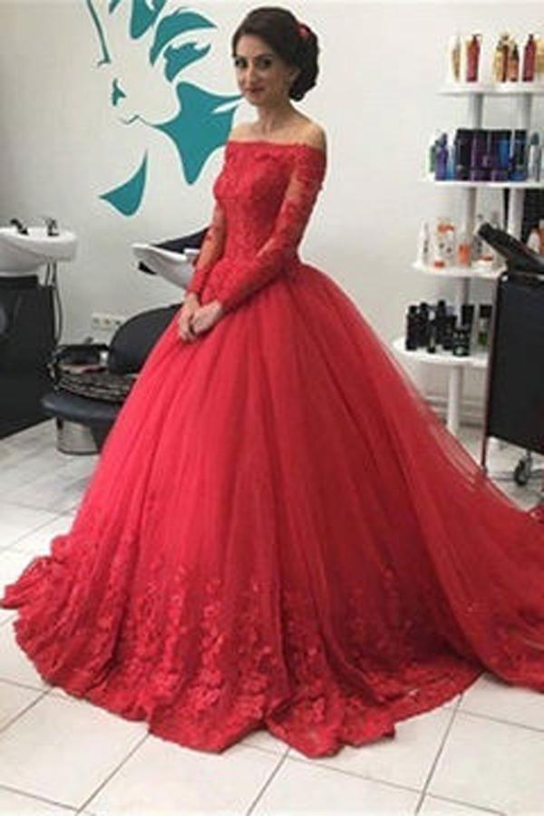 Vestido de baile vermelho com decote em V e mangas compridas, em tule e renda, vestido de noiva, MP351 
