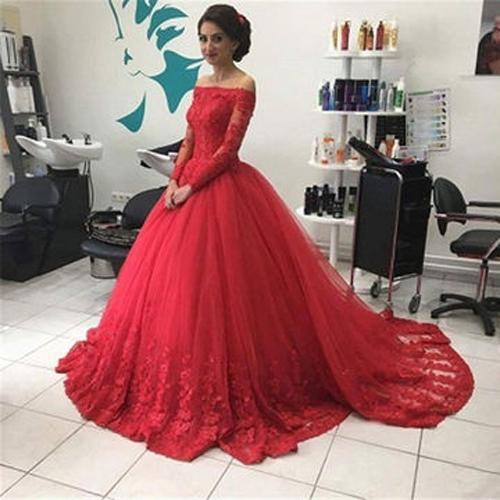 Vestido de baile vermelho com decote em V e mangas compridas, em tule e renda, vestido de noiva, MP351 