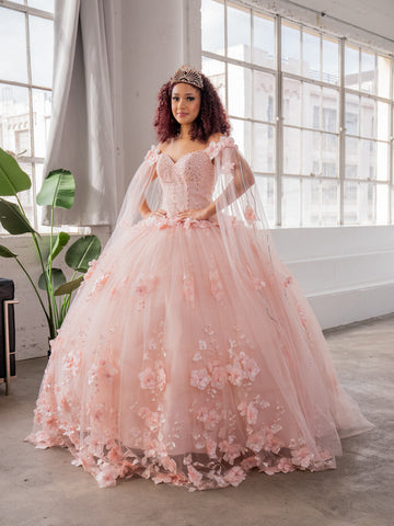 Vestido de baile com decote ombro a ombro e manga capa da marca Calla SCL30007