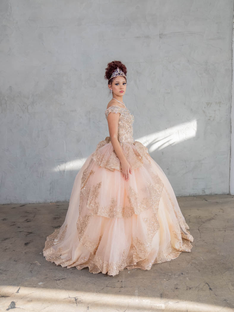 Schulterfreies Ballkleid mit Applikationen und Lagendesign von Calla WB20525