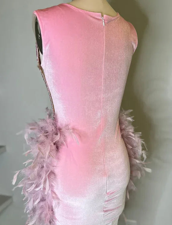 Vestido de Luxo Cor-de-Rosa com Penas para Baile de Finalistas, Aniversário, Casamento e Festa Y2639