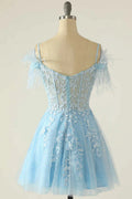 Hellblaue Applikations Cold-Shoulder A-Line Kurzes Homecoming-Kleid Y2672