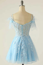 Hellblaue Applikations Cold-Shoulder A-Line Kurzes Homecoming-Kleid Y2672