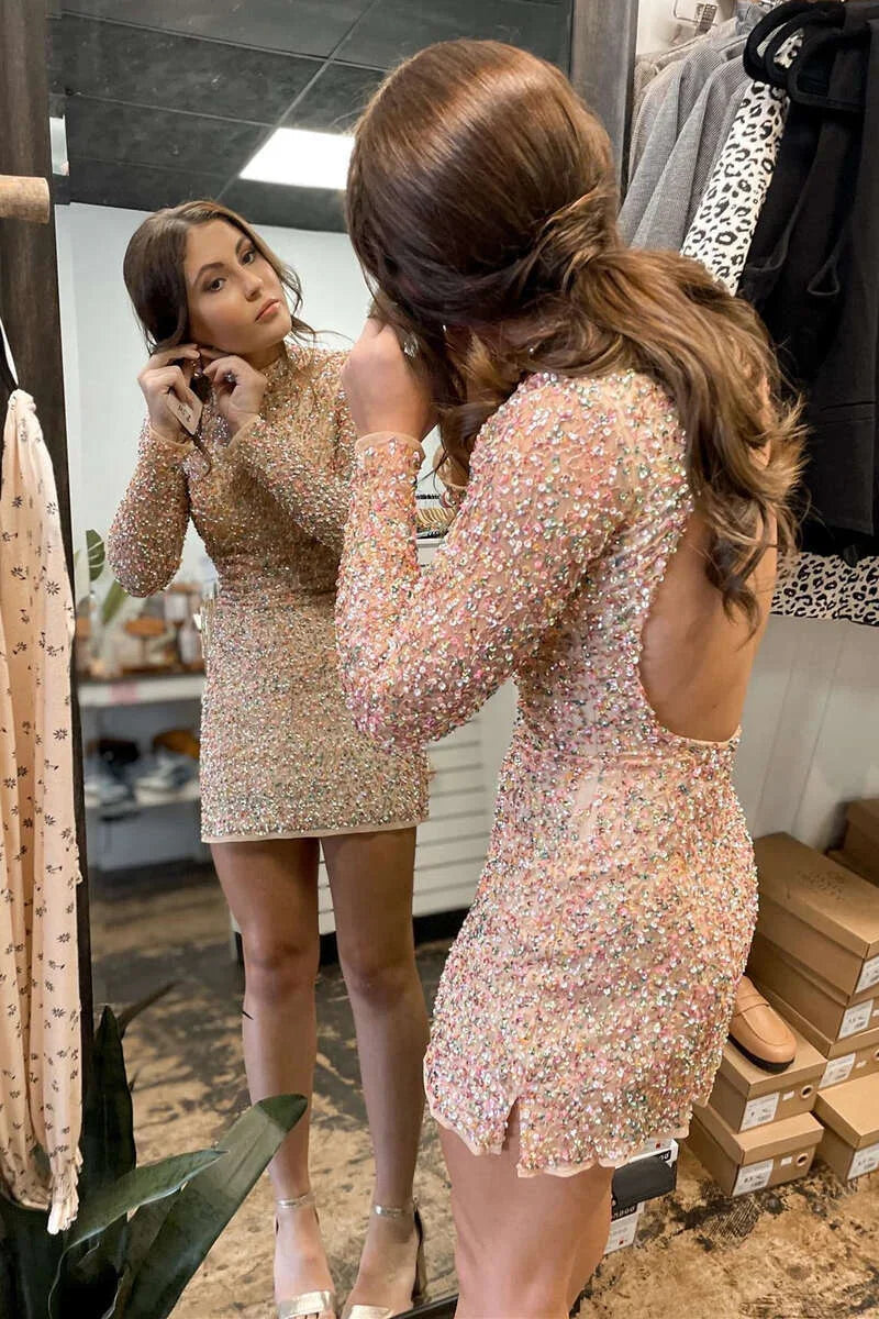 Vestido de Manga Comprida com Decote Aberto nas Costas e Lantejoulas para Baile de Finalistas Y2497