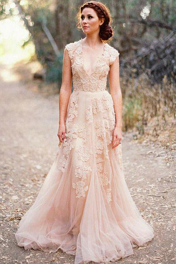 Gorgeous Tulle V-neck Sleeveless Floor-Length Lace Wedding Dresss with Appliques, MW246