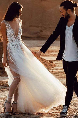 NumberSea Sexy Tule Transparente Decote em V Vestidos de Noiva Praia com Fenda, MW261