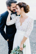 Elegante Abito da Sposa Rustico in Pizzo e Chiffon con Manica 3/4 Trasparente e Schiena Scoperta, MW262