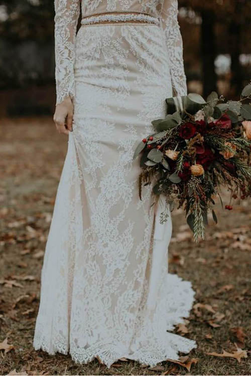Vestidos de noiva elegantes, vintage, marfim, sem costas, manga comprida, renda rústica, MW264