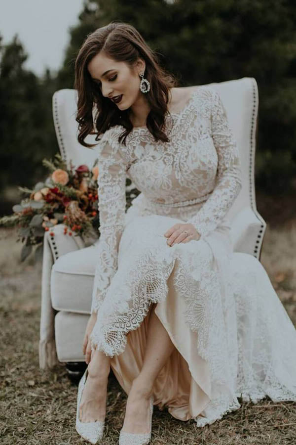 Vestidos de noiva elegantes, vintage, marfim, sem costas, manga comprida, renda rústica, MW264