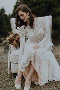 Vestidos de noiva elegantes, vintage, marfim, sem costas, manga comprida, renda rústica, MW264