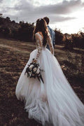 Abito da Sposa Boho con Maniche Lunghe Trasparenti e Applicazioni in Pizzo, MW268