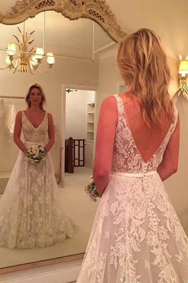 NumberSea Robe de Mariée Simple Dos Nu En V Dentelle, MW275