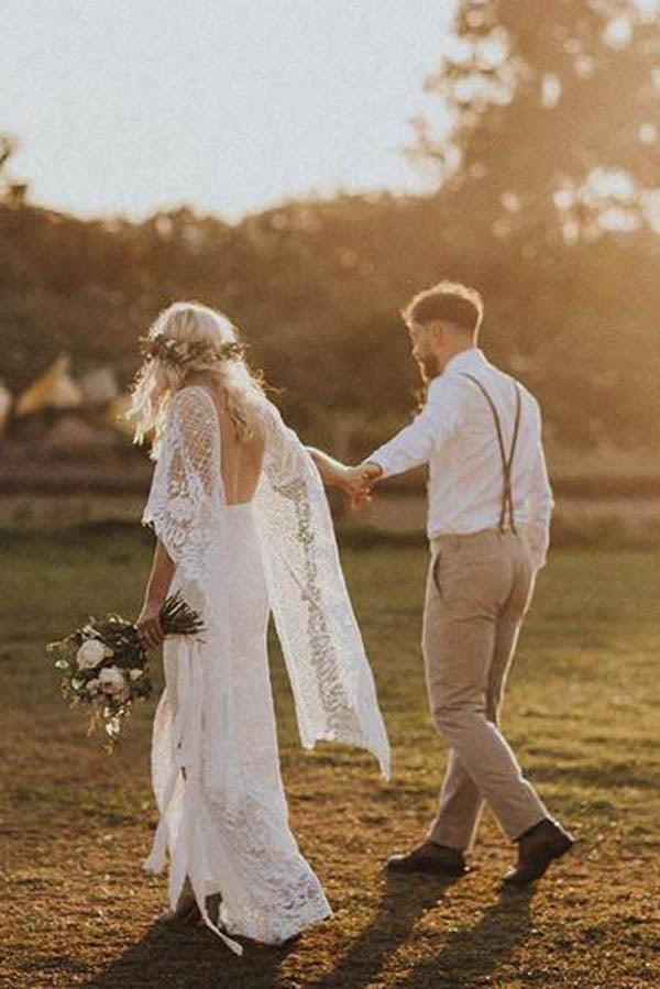NumberSea Vestiti da sposa rustici avorio in pizzo a tubino boho con maniche a pipistrello, MW276