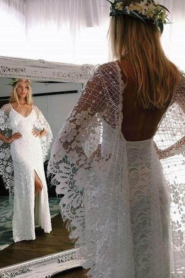 NumberSea Vestiti da sposa rustici avorio in pizzo a tubino boho con maniche a pipistrello, MW276