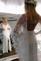 NumberSea Vestiti da sposa rustici avorio in pizzo a tubino boho con maniche a pipistrello, MW276