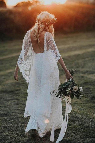 NumberSea Etuikleid Boho Fledermausärmel Spitze Rustikal Elfenbein Brautkleider, MW276
