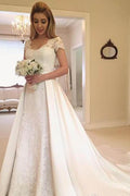Vestido de novia modesto de encaje con mangas cortas tipo capa, MW277
