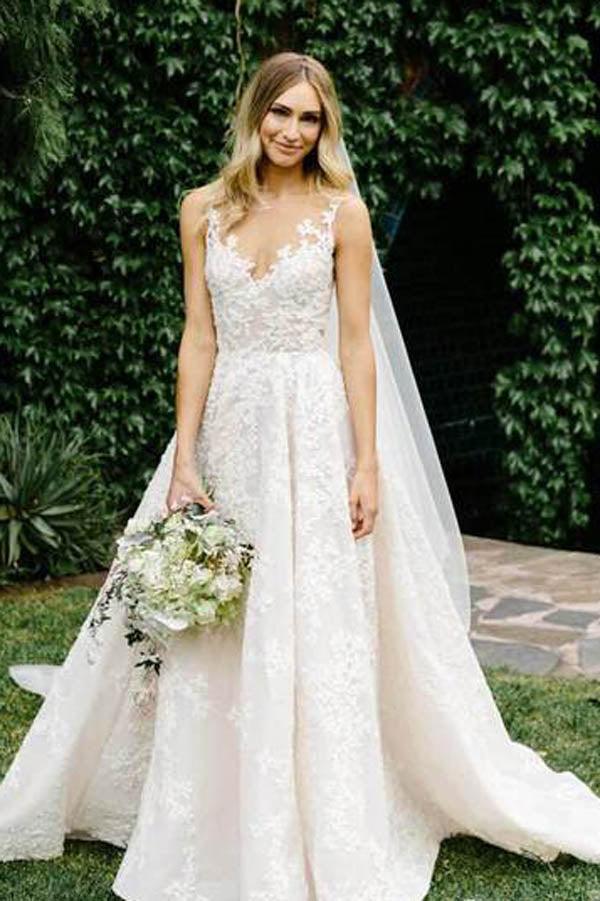 Vestidos de noiva vintage com decote ilusão e renda transparente, MW278