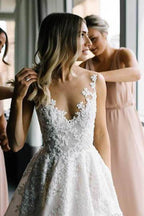Vestidos de noiva vintage com decote ilusão e renda transparente, MW278