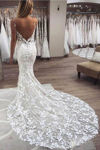 Vestido de noiva vintage com alças finas e aplicações de renda sereia NumberSea, MW288