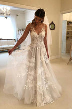 Gorgeous A-line Lace V-neck Tulle Long Wedding Dress with Appliques,MW289