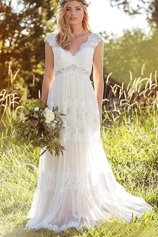 NumberSea Schlichtes A-Linien-Brautkleid mit V-Ausschnitt im Bohemian-Stil und Spitze, MW293