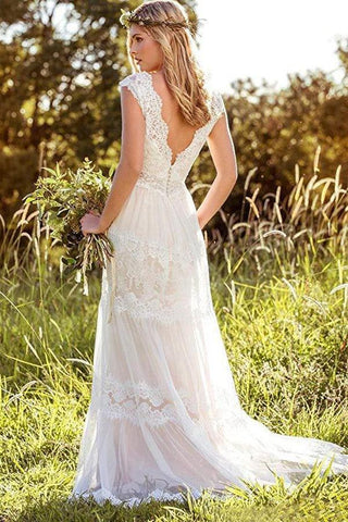 NumberSea Schlichtes A-Linien-Brautkleid mit V-Ausschnitt im Bohemian-Stil und Spitze, MW293