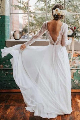 NumberSea Romantisches, rückenfreies Boho-Brautkleid mit langen Ärmeln und Spitze