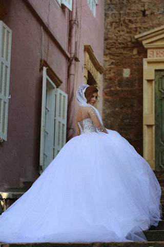 NumberSea Vintage Langarm Perlenbesetztes Ballkleid Tüll Brautkleid, MW297
