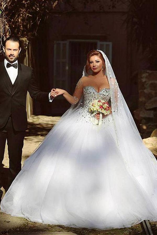 NumberSea Abito da Sposa Tulle Ball Gown Manica Lunga Perline Vintage, MW297