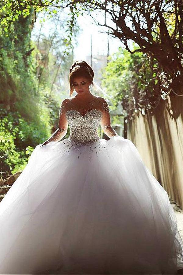 NumberSea Abito da Sposa Tulle Ball Gown Manica Lunga Perline Vintage, MW297
