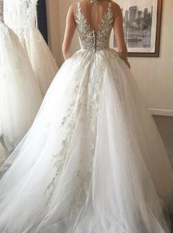NumberSea Günstiges Ballkleid, V-Ausschnitt, Elfenbein, offener Rücken, Brautkleid mit Applikationen, MW302