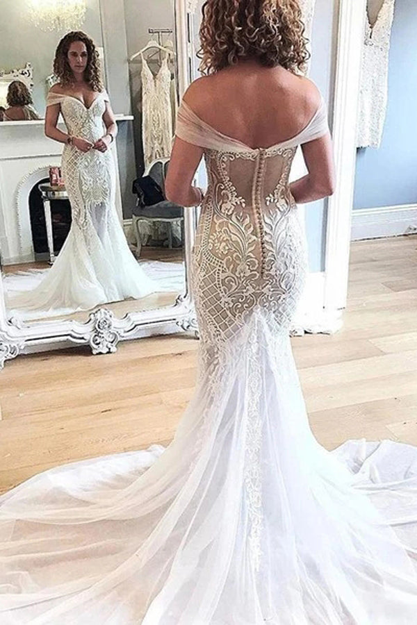 Lace Applique Retro Off the Shoulder Vintage Mermaid Wedding Dress,MW304