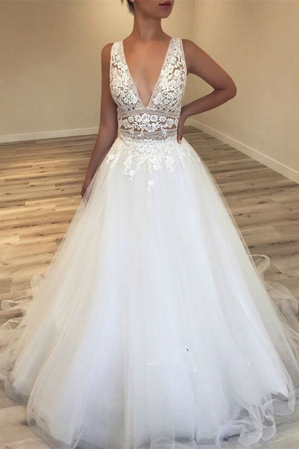 Deep V-Neck Tulle Bridal Gowns Lace Appliques Sleeveless Wedding Dresses, MW305
