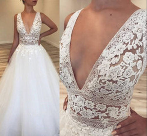 Deep V-Neck Tulle Bridal Gowns Lace Appliques Sleeveless Wedding Dresses, MW305