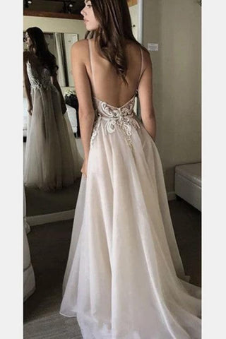 NumberSea Spaghettiträger, tiefer V-Ausschnitt, Spitzenapplikationen, Strand-Brautkleid, MW306
